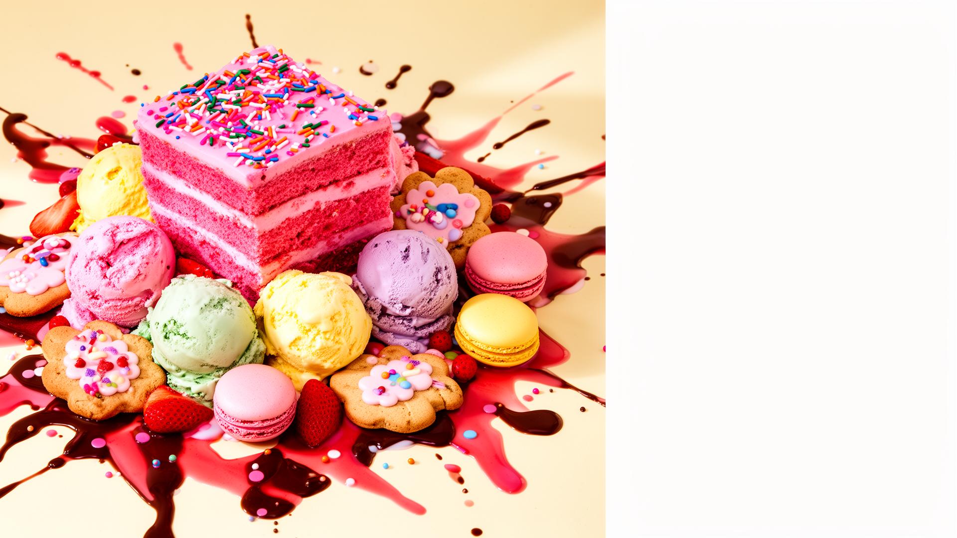 Colorful layer cake with sprinkles, scoops of homemade ice cream, sugar cookies and macarons